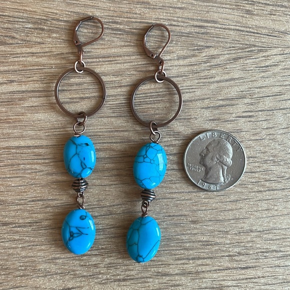 HAND CRAFTED HOOP EARRINGS SHOULDER DUSTER PIERCED Turquoise on Antiqued Copper - Picture 8 of 14